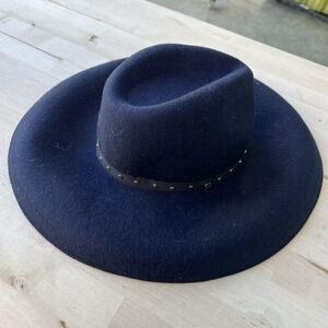 Ted Baker Hat Fedora Womens One Size Blue Wool Felt Studded Ribbon Wide Brim